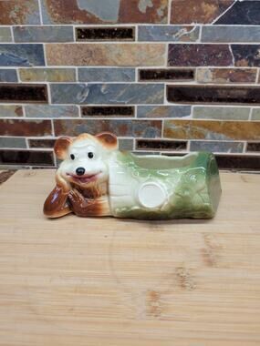 Vintage American Bisque Bear on Log Planter Mid Century 1950s Kitsch Ceramic Pot